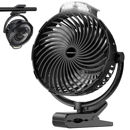 10000mAh Clip on Fan, 8-Inch Golf Cart Fan Rechargeable with LED Light, 9 Speeds Strong Airflow, Ultra Quiet, 30Hrs Runtime, 360° Rotation, Cooling for Bed Camping Office Desk Dorm, Black