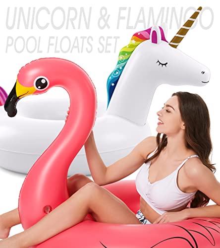 Jasonwell 2 Pack Unicorn Flamingo Pool Floaties - Inflatables Rafts for Swimming, Lake, Beach - Floaty Swim Rings for Adults, Kids