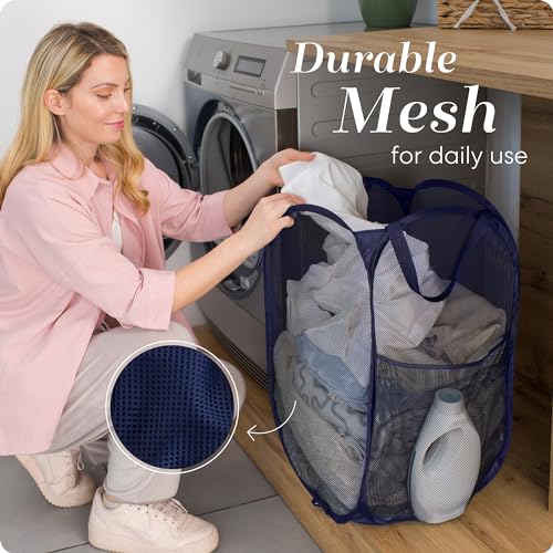 Handy Laundry Collapsible Mesh Pop Up Laundry Hamper 2-Pack – Large Foldable Laundry Basket with Side Pocket, Breathable & Durable, Space-Saving for Clothes, Toys, Travel, Dorm, Bedroom, Blue