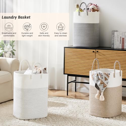 Laundry Basket,Woven Cotton Rope Laundry Hamper,Versatile Storage for Dirty Clothes,Baby Toys,and Blankets in Bathroom, Nursery,and Living Room (Brown, 60L)