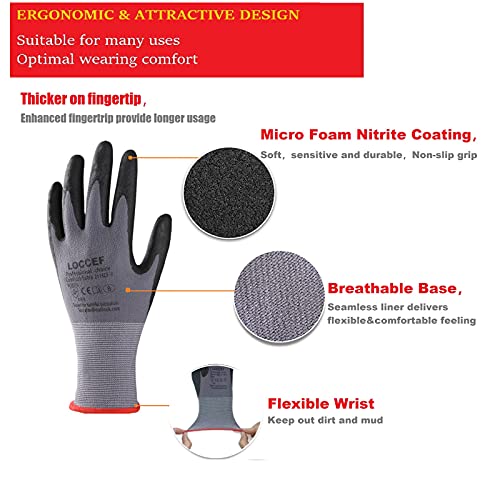 LOCCEF Safety Work Gloves MicroFoam Nitrile Coated-12 Pairs,Seamless Knit Nylon Gloves,Home Improvement,Micro-Foam Gloves