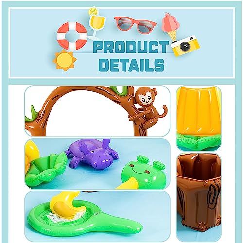 Inflatable Jungle Animal Play Center Outdoor Playhouse Inflatable Water Park with Kid Pool Slide, Sprinkler Toy with Base Pool, Monkey, Tree Stump for Garden Backyard
