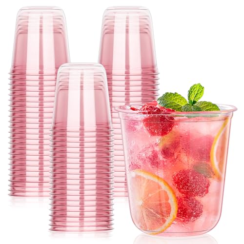 KesaPlan 50 Pcs Pink Plastic Cups, 12oz Disposable Stemless Wine Glasses for Cocktail Cute Clear Cocktail Wine Glasses Pink Party Cups