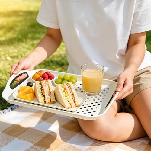 2 Pack Large Nonslip Serving Tray with Handles Lap Food Trays for Eating on Couch Tray for Breakfast Dinner Snack Fruit Beverage(Black & White)
