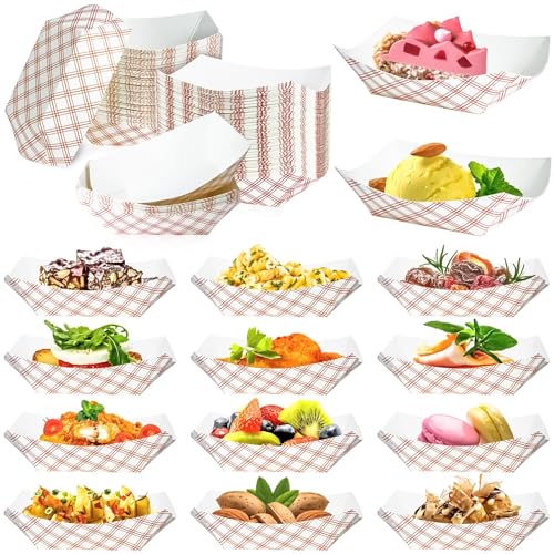 300 Pack Checkered 1/4Lb Paper Food Boat Trays Disposable Small Paper Boats Plates Containers, 0.25Lb Mini Kraft Food Serving Boat Tray Bowls for Snack Fries Dessert Popcorn Sauce Taco Nacho