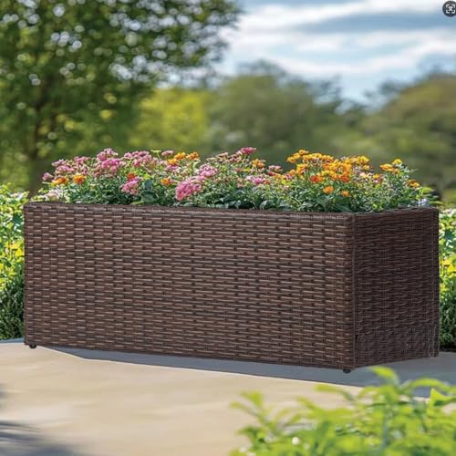 SUNNYPARK Brown Rectangular Planter Box All-Weather PE Rattan Large Modern Planters with Removable Liner Indoor Outdoor Decorative Flower Pot for Patio, Balcony, Garden