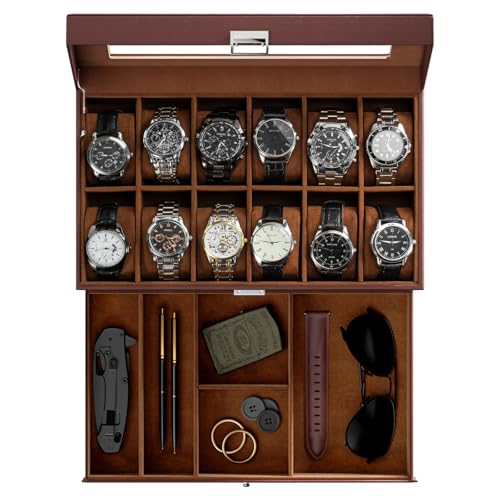 ProCase Watch Box, Fathers Day Gift for Dad, 12 Slot Mens Watch Case With Drawer, 2-Layer Watch Display Case With Glass Lid, Mens Jewelry Box Storage Holder Organizer -12Slot, Espresso