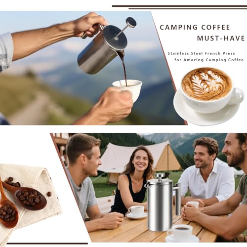 French Press 34 oz, Full Stainless Steel French Press Coffee Maker 4 Cups, Upgrated Double-Walled Insulated French Coffee Presses, Food Grade Good for Kitchen Camping, Dishwasher Safe 2 More Filters