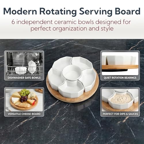 SOUJOY 11'' Lazy Susan Serving Tray, Porcelain 360° Rotatable Serving Tray and Platters, Removable Divided Serving Dishes, Party Relish Bowl for Chip, Dip, Veggies, Candy and Snack, Cheese, 7 Pieces