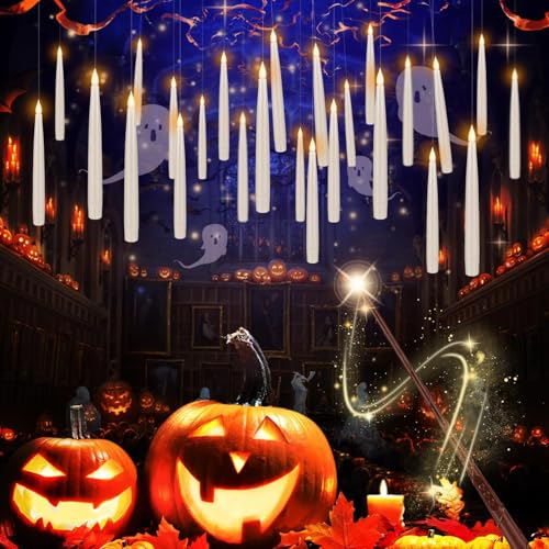 Enpornk 36 Pcs Halloween LED Magic Hanging Floating Candles, Taper Flickering Flameless with 2 Magic Wands - Candle Set for Halloween, Christmas