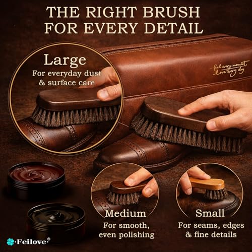 Shoe Care Kit – 16-in-1 Leather Shoe Polish, Cleaning & Conditioning Kit with Saddle Soap & Mink Oil – Black/Brown/Neutral Shoe Polish, 3 Horsehair Brushes – Premium Storage Bag – Gift for Men & Women