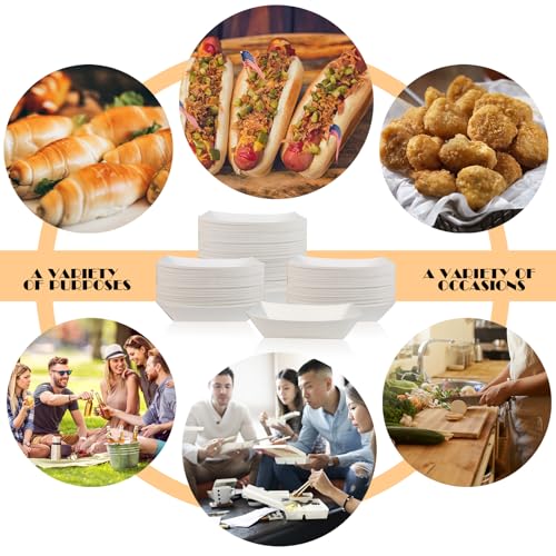 Oomcu 100 Pack 3 lb Heavy Duty Disposable Kraft White Paper Food Trays,Take Out Food Serving Boats Baskets Trays for Party Snacks French Fries Nachos Hot Dogs Tacos BBQ