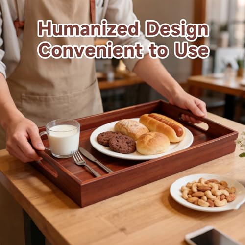 Acacia Wood Serving Tray with Handles, 17 x 12 Inch Large Wooden Tray for Food & Drinks, Coffee Table, Ottoman, Breakfast in Bed – Includes Free Leather Mat