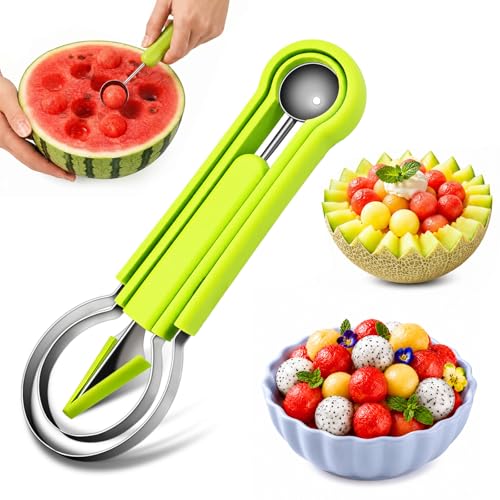 Suuker 4 in 1 Melon Baller Scoop Set, Stainless Steel Fruit Cutters Shapes, Watermelon Scooper and Baller, Fruit Carving Tools (Green)