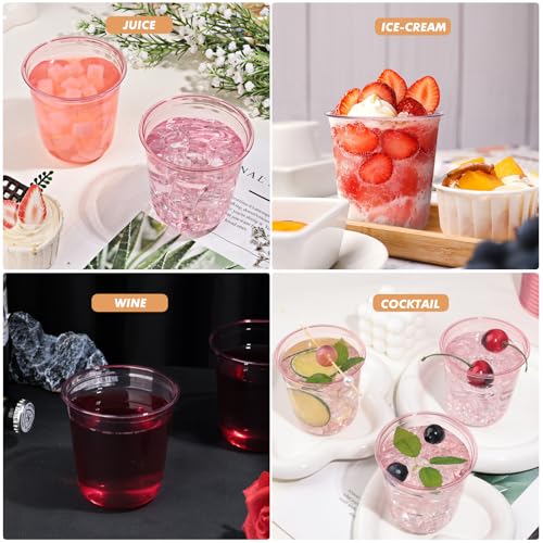 KesaPlan 50 Pcs Pink Plastic Cups, 12oz Disposable Stemless Wine Glasses for Cocktail Cute Clear Cocktail Wine Glasses Pink Party Cups
