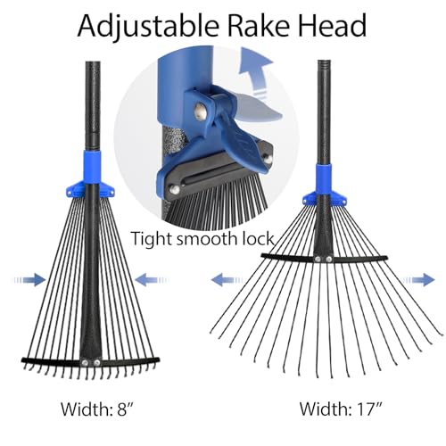 Adjustable Metal Leaf Rake Long Handle, Garden Rakes for Lawns Heavy Duty Leaves with Expandable Head 8-17", Yard Women Kids Rake for Gardening RV Camping