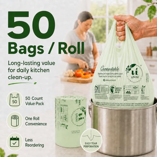 UNNI 1.6 Gallon Compostable Trash Bags with Tie Handles, 50 Count Small Food Scrap Kitchen Compost Bags for Countertop Bin, Certified by BPI, CMA & OK compost HOME, Meets ASTM D6400