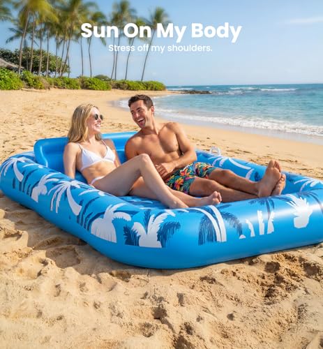 Inflatable Tanning Pool Lounger Float with Sprinkler, X-Large Pool Floats with Auto Spray Cooling, 6 in 1 Sunbathing Lounge Floatie Raft Toys, Blow Up Pool Tanning Bed for Adults Kids Gifts