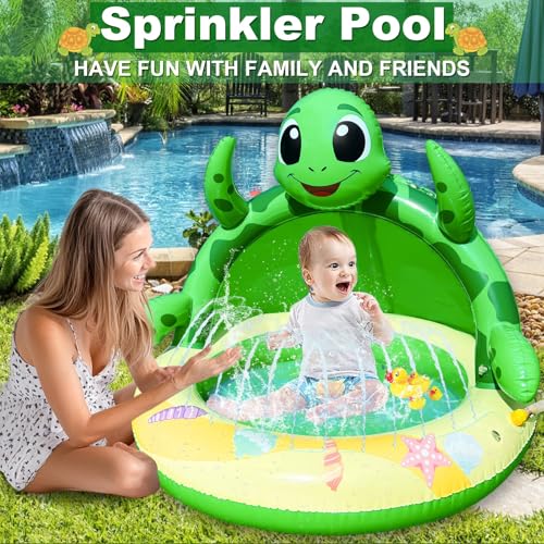 Baby Pool Toddler Sprinkler Water Play Mat, Turtle Baby Pool Float Sprinkler for Kids- Inflatable Kiddie Pool with Canopy Outdoor Water Toys for Summer Play Center Backyard Water Activity Games