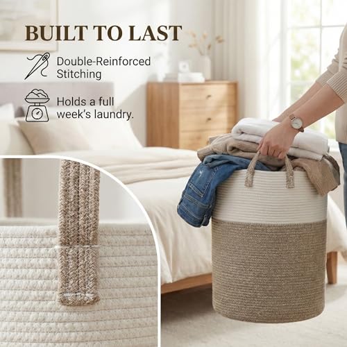 Large Woven Laundry Basket Hamper,60L Cotton Rope Storage Bin for Blankets,Toys and Clothes,Decorative Tall Nursery Hamper for Living Room,Baby Nursery,Bathroom and Bedroom,Brown