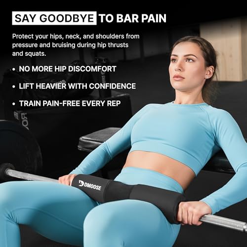 DMoose Fitness Barbell Pad for Hip Thrust, Squat & Lunges - Non-Slip Thick Foam Cushion for Neck and Back Support with Two Straps - Hip Thrust Pad for Leg Day - Fits All Olympic Bars and Smith Machine