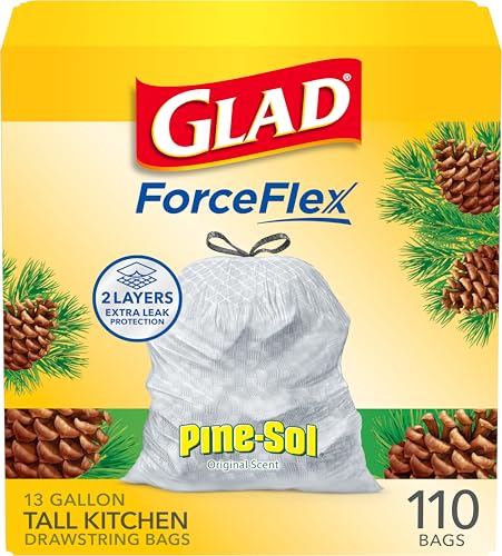 Glad ForceFlex Tall Kitchen Trash Bags, 13 Gallon, Pine-Sol Original, 110 Count (Package May Vary)