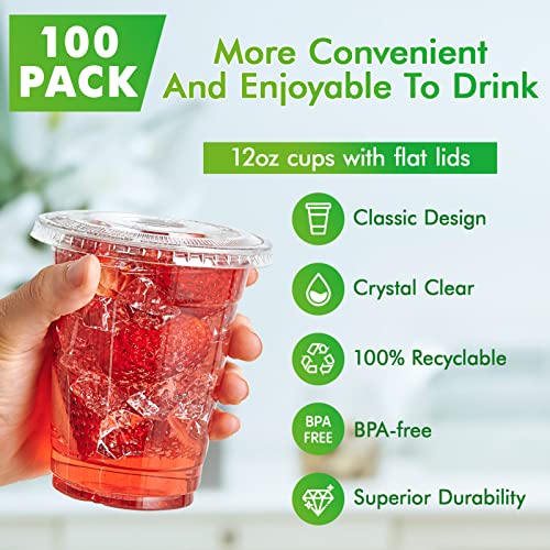 Lilymicky 100 Sets 12 oz Clear Plastic Cups with Flat Lids, 12 oz Disposable Drinking Cups With Lids for Ice Coffee, Smoothie, Slurpee, or Any Cold Drinks