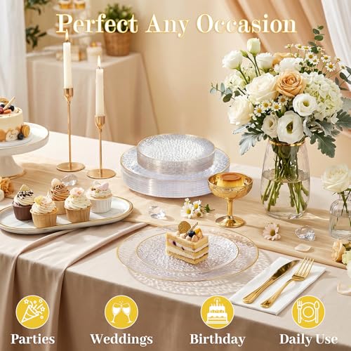 Rubtlamp 60Pcs Clear Plastic Plates,Clear Disposable Plates With Gold Rim,Heavy-duty Gold Plates,Hammered Party Plates Include 30Clear Dessert-Platos,30Dinner-Platos for Wedding, Party