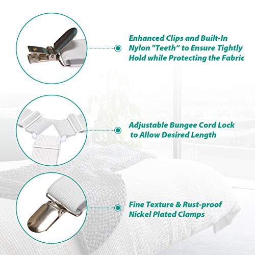 Bed Sheet Fasteners, Adjustable Mattress Suspenders, Mattress Cover Straps, Bed Corner Holder and Keepers and the Bed Sheet Grippers Clips (Triangle White Set of 4)