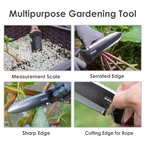 PERWIN Hori Hori Garden Knife, Garden Tools with Sheath for Weeding, Planting, Digging, 7" Stainless Steel Blade with Cutting Edge, Full-Tang Wood Handle with Hanging Hole