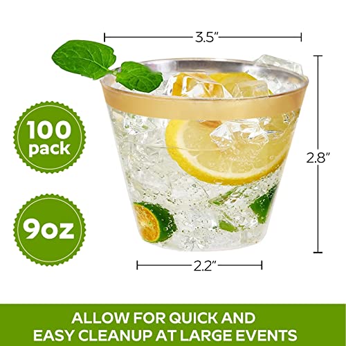 Tobvory 100 Pack Gold Rimmed Plastic Cups - 9 oz Hard Clear Plastic Cups, Premium Disposable Cup For Cocktail And Drinking - Food Grade Party Cups Set - Sturdy Tumbler Cup - Gold Rim