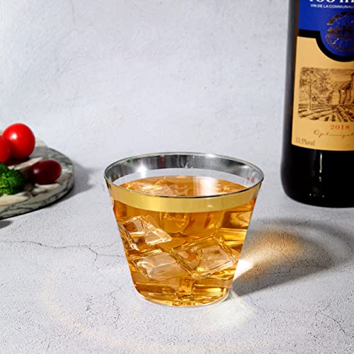 Tobvory 100 Pack Gold Rimmed Plastic Cups - 9 oz Hard Clear Plastic Cups, Premium Disposable Cup For Cocktail And Drinking - Food Grade Party Cups Set - Sturdy Tumbler Cup - Gold Rim