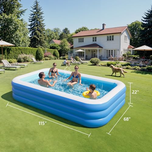 Inflatable Pool for Adults, 115" x 68" x 22" Blow Up Pools, Rectangular Family Swimming Pool