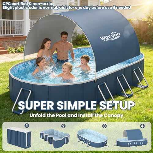 Foldable Pool with Canopy,10FT NonInflatable Above Ground Swimming Pools | Inner Diameter 102"x72"x20", Durable PVC, Oversize Thickened, Easy Setup