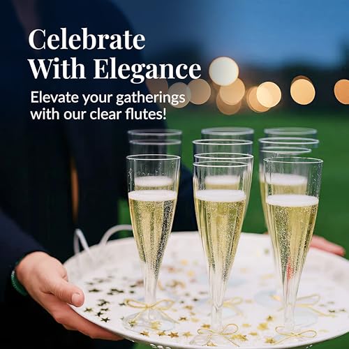 Prestee 100 Pack Clear Plastic Champagne Flutes - 4.5 oz Durable Disposable Champagne Glasses for Parties, Weddings, Toasting and Large Celebrations - Elegant Wine Glasses Stemware for Easy Cleanup