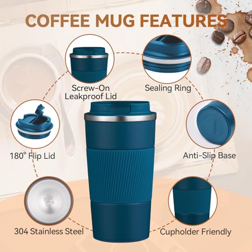 12OZ Travel Coffee Mug Insulated Coffee Cup with Spill Leak Proof Lid, Portable Stainless Steel Tumbler Reusable Hot and Cold Water Mug for Car, Daily, Camping- Blue