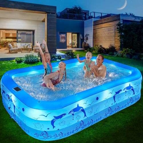 StarOcean 2026 Upgrade Inflatable Pool with Lights, Family Inflatable Swimming Pool for Kids,Adults,Blow Up Pool Solar Powered,Large Kiddie Pool,100"x63"x20"Oversized Thickened Pool for Backyard-Blue