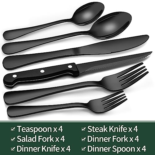 EWFEN 24-Piece Black Silverware Set with Steak Knives, Black Flatware Set for 4, Food-Grade Stainless Steel Tableware Cutlery Set, Mirror Finished Utensil Sets for Home Restaurant, Round Edge