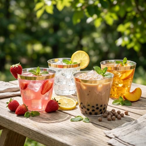 I00000 200 Pack Gold Plastic Cups, 9 Oz Elegant Clear Plastic Cups Gold Rimmed Disposable Wine Glasses Fancy Disposable Party Cup Wedding Cup Drinking Tumblers Cocktail Glasses Perfect for Party