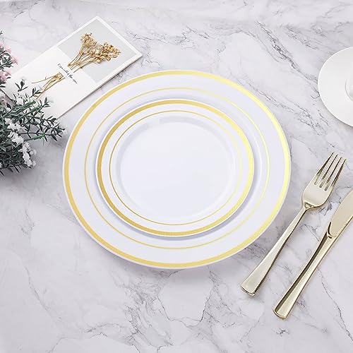 BESTVIP 200PCS Gold Plastic Plate, Disposable Party Plates with 100 Dinner Plates and 100 Dessert Plates, Plastic Plates for Party, Wedding and Birthday