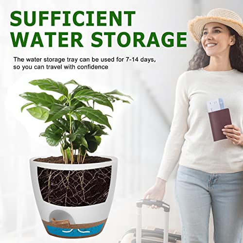 Plant Pots 10/9/8/7.5/7 Inch Self Watering Pots, Set of 5 Plastic Planters with Drainage Holes and Saucers,Plastic Flower Pots,Nursery Planting Pot for Indoor Out Door Plants(White)