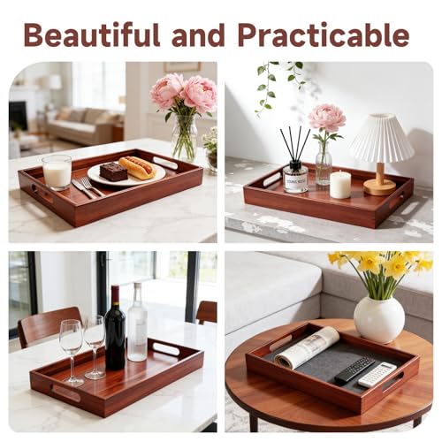 Acacia Wood Serving Tray with Handles, 17 x 12 Inch Large Wooden Tray for Food & Drinks, Coffee Table, Ottoman, Breakfast in Bed – Includes Free Leather Mat