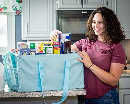 Extra Large Utility Tote Bag - Oversized Collapsible Reusable Wire Frame Rectangular Canvas Basket With Two Exterior Pockets For Beach, Pool, Laundry, Car Trunk, Storage - Light Blue