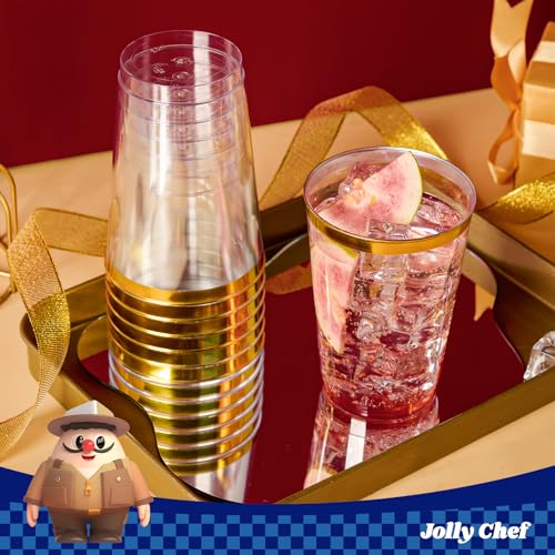 JOLLY CHEF 100 Pack Gold Plastic Disposable Cups, 12 oz Clear Plastic Cups Tumblers, Elegant Gold Rimmed Disposable Glasses for Wedding, Thanksgiving Day, Christmas