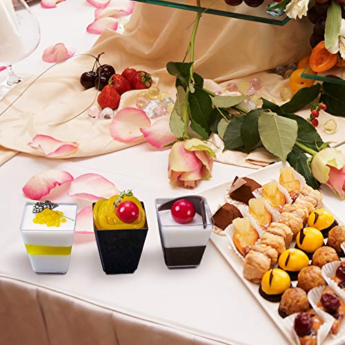 Oasis Creations Square Dessert Cup - 5.5 ounce - 50 Count - Spoons Included - Clear Plastic - Large Appetizer Cup -Tall Dessert Cup-Tasting Cup- Parfait Cup-Disposable or Reusable