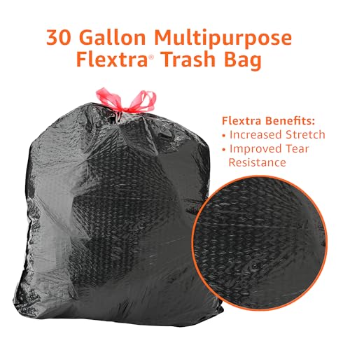 Basics 30 Gallon Flextra Strength Multipurpose Drawstring Trash Bags, 20% Post Consumer Recycled Material, Tear Resistant, Black, 50 Count