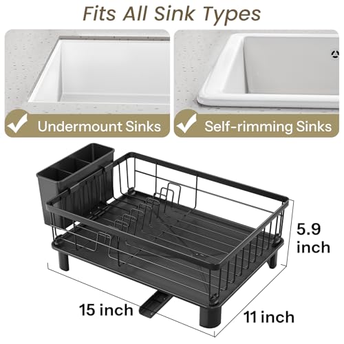 SNTD Dish Drying Rack - Small Dish Rack for Kitchen Counter, Stainless Steel Dish Drainer with Utensil Holder and Drainboard, 11" W x 15" L (Black)