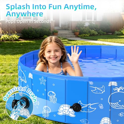 Kiddie Pool with Canopy, 48" Foldable Kids Baby Pool for Toddlers, Portable Small Swimming Pool Hard Plastic with Shade & Carry Bag for Beach Backyard Water Play