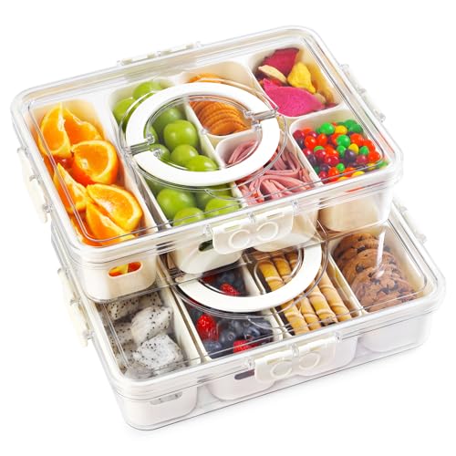 2 Pack Divided Serving Tray with Lid and Handle, 12 Compartments Snackle Box Container for Portable Snack Platters Large Clear Organizer for Picnic Snacks to Go Dishwasher Safe