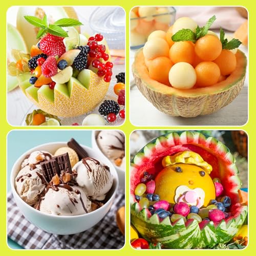 Patelai 2 Pcs Melon Baller Scoop Set 4 in 1 Stainless Steel Fruit Cutters Double Ended Headed Watermelon Scooper and Ice Cream Baller for Dig Pulp Separator Fruit Slicer